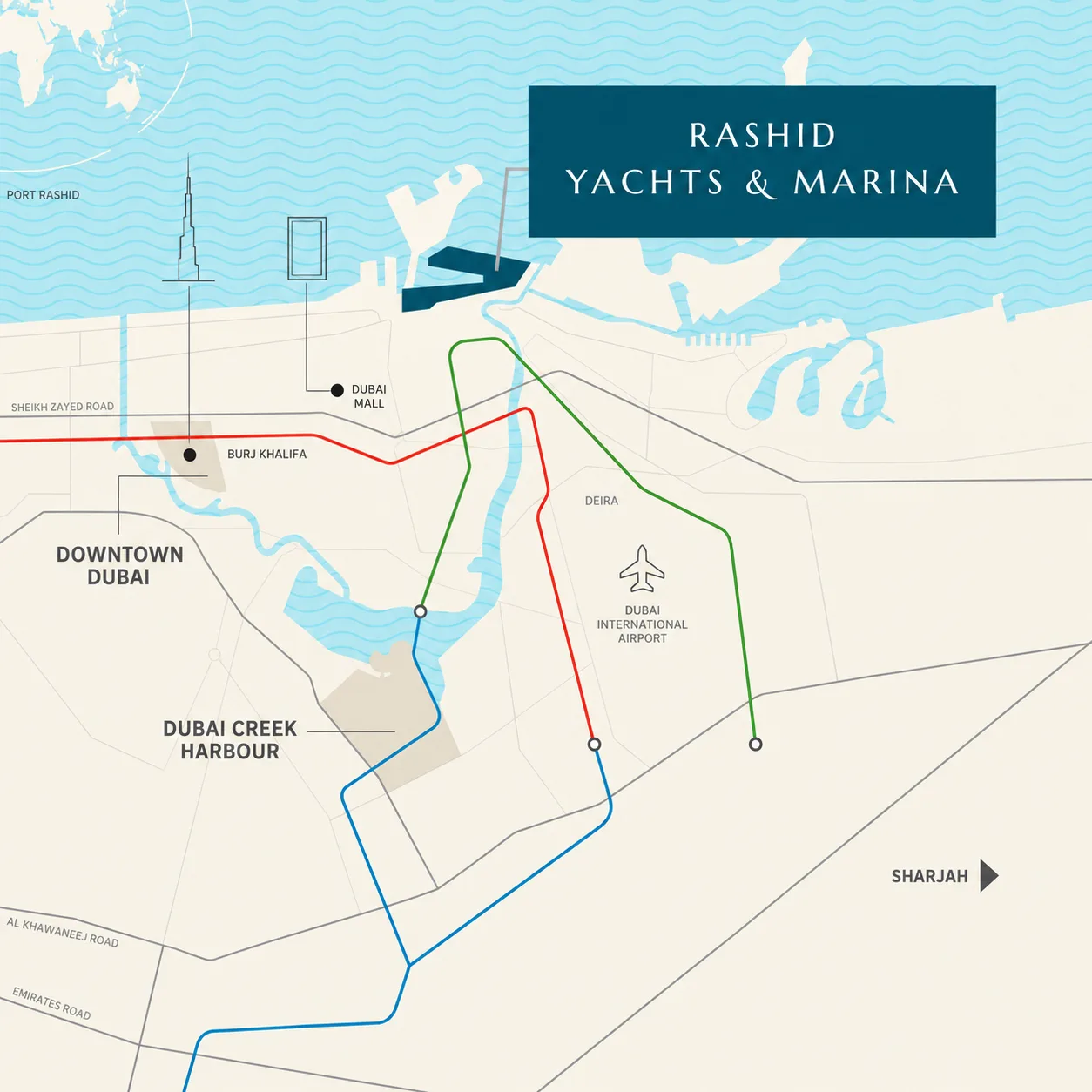 Map positioning Lunaya near Sheikh Zayed Road and major destinations in the Jebel Ali growth corridor